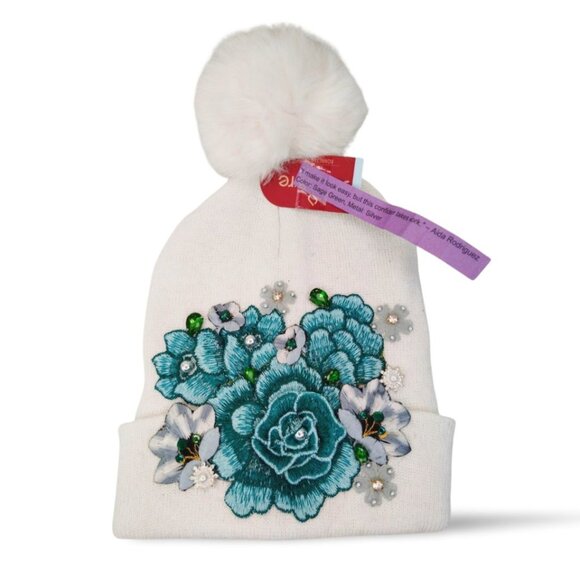 Vibrate Jewel Tone Floral Embroidered Off White Pearl Accent Knit Beanie  TT1521 - Picture 5 of 5